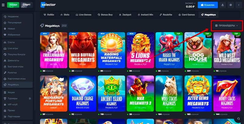 Провайдеры в Selector Casino