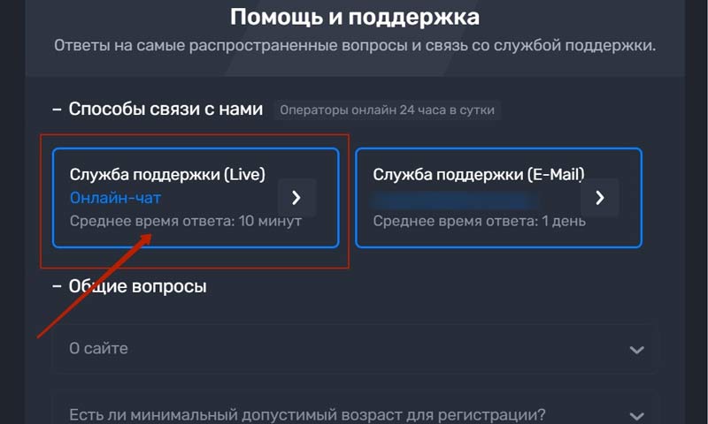 Техподдержка Selector Casino